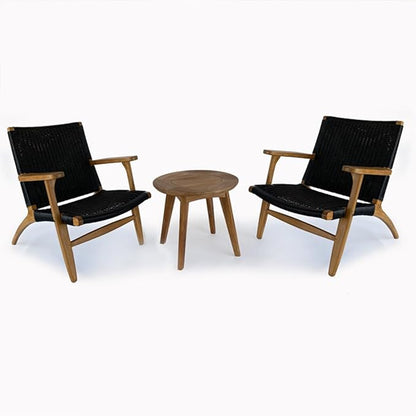 Indonesian Grade A Teak Wood Monterey Club Lounge Chair. Midcentury Modern Comfortable Design Chair Double handweaved Rope. Backyard, Poolside, Balcony Living Room. (Black)