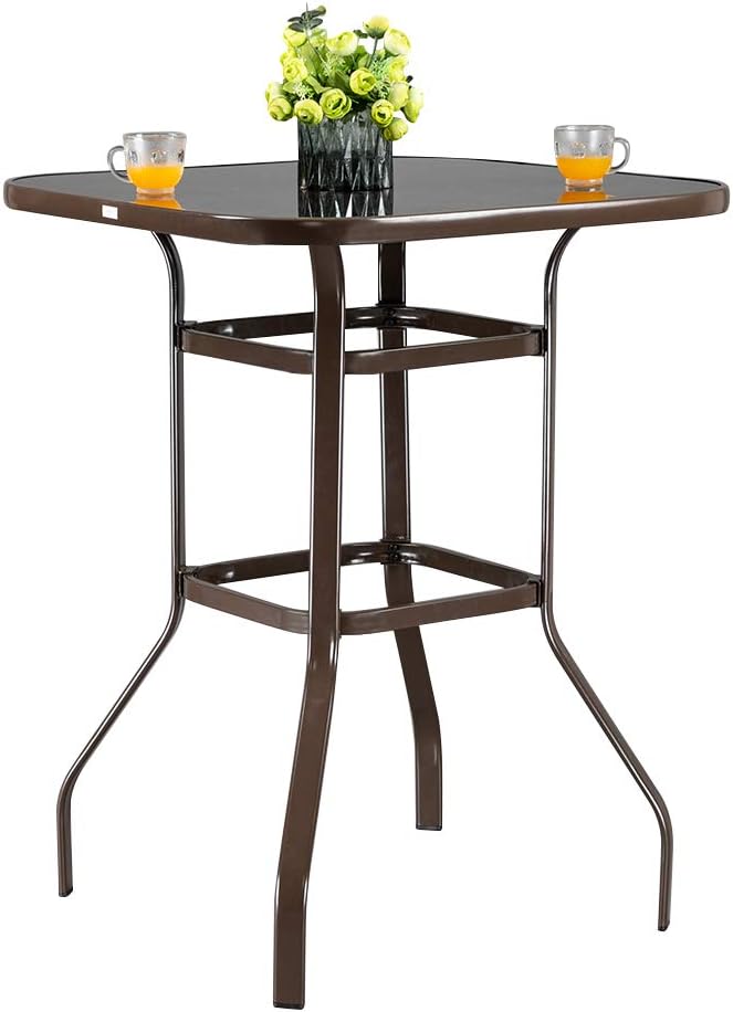 VINGLI 32" Indoor-Outdoor Bar Height Table, Square Tempered Glass Metal Table for Patio, Backyard, Poolside and Garden (Brown)