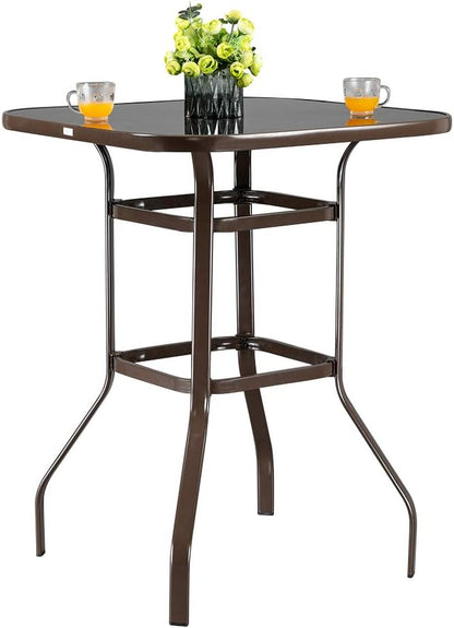 VINGLI 32" Indoor-Outdoor Bar Height Table, Square Tempered Glass Metal Table for Patio, Backyard, Poolside and Garden (Brown)