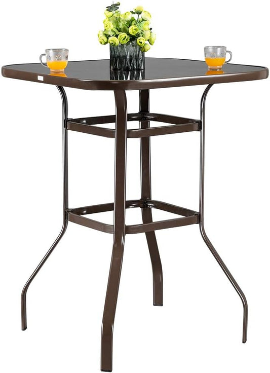 VINGLI 32" Indoor-Outdoor Bar Height Table, Square Tempered Glass Metal Table for Patio, Backyard, Poolside and Garden (Brown)