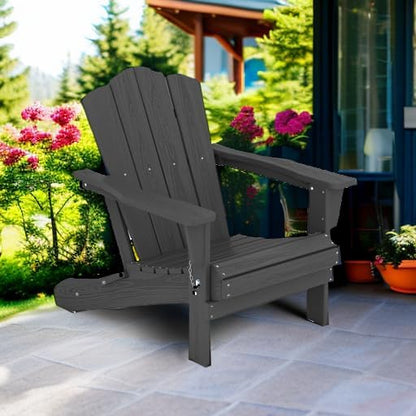 KINGYES Folding Adirondack Chair, HDPE All-Weather Patio Chairs, Wooden Textured Lawn Chair for Poolside, Backyard, Deck, Fire Pit, Grey