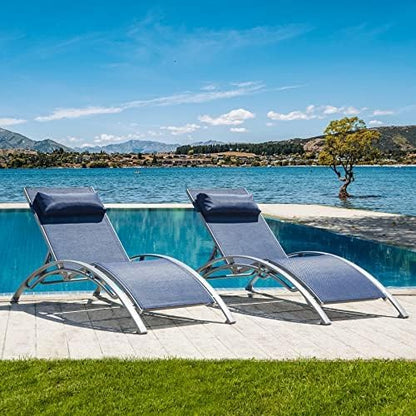 Domi Outdoor Chaise Lounge Set of 2, Patio Recliner Chairs with Adjustable Backrest and Removable Pillow for Indoor & Outdoor Relaxation by The Beach, Pool, or Sunbathing on The Lawn, Navy Blue