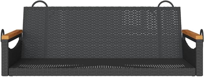 Black 2-Seater Garden Swing Bench 42.9 in Outdoor Patio Rattan Seating, Powder-Coated Steel Frame, Acacia Wood Accents for Balcony Porch Backyard, Holds 242 lbs