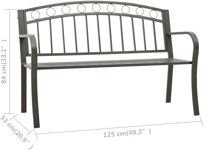 Modern Garden Bench with Integrated Table, Grey Powder-Coated Steel Outdoor Seating, Compact Rectangular Design for Patio and Balcony, Durable Steel Construction, 125 cm