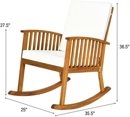 Pemberly Row 2-Pcs Acacia Wood Outdoor Rocking Chairs, Brown Finish, Ergonomic Design with Weather-Resistant Cushions, Rustic Style Porch or Patio Seating, 36.5" H x 25" W x 35.5" L