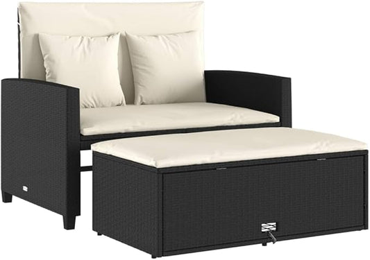 vidaXL Patio Sofa 2-Seater Garden Bench Storage Bed - PE Rattan, Black/Cream, UV-, Outdoor Lounge, 45.3"x29.5"x35.8"