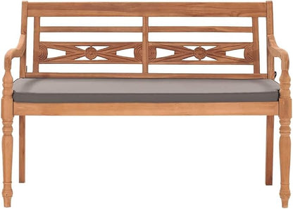 Outdoor Bench with Dark Grey Cushion, Solid Teak Wood Construction, 47.2 Inch Rustic Batavia Style for Garden Patio Balcony, Weather Resistant and Easy Maintenance Fabric