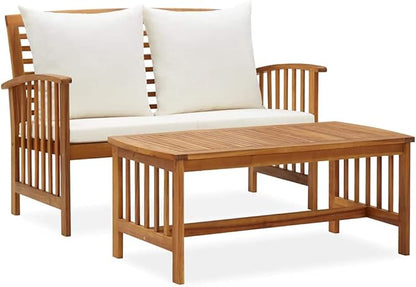 Vintage Acacia Wood Garden Bench 43.3 in, Cream White Cushions, Oiled Finish, Medium Outdoor Seating Set for Balcony, Patio, Porch, Backyard Relaxing