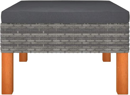 23.6x23.6x12.6 in Grey Poly Rattan Square Outdoor Ottoman, UV-Resistant Footstool for Garden Patio Balcony, Removable Cushion & Eucalyptus Wood Frame, Extra Seat, Lounge Furniture