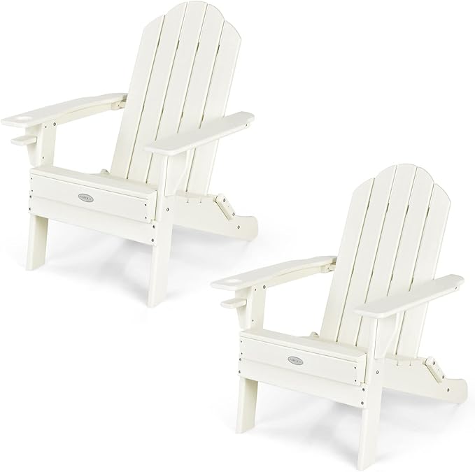 Tangkula Outdoor Folding Adirondack Chair, HDPE Armchairs with Cup Holder, Weather Resistant Lounger Chair for Patio Garden Fire Pit Backyard, Lawn Porch Seating, Adirondack Lounger (2, White)