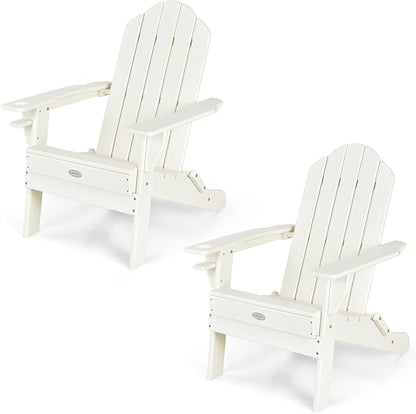 Tangkula Outdoor Folding Adirondack Chair, HDPE Armchairs with Cup Holder, Weather Resistant Lounger Chair for Patio Garden Fire Pit Backyard, Lawn Porch Seating, Adirondack Lounger (2, White)