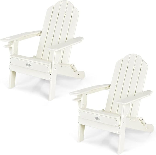 Tangkula Outdoor Folding Adirondack Chair, HDPE Armchairs with Cup Holder, Weather Resistant Lounger Chair for Patio Garden Fire Pit Backyard, Lawn Porch Seating, Adirondack Lounger (2, White)