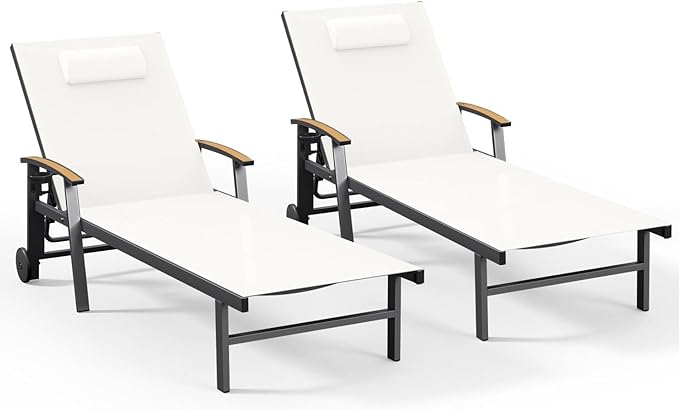Ciokea Outdoor Lounge Chair with Pillow Set of 2, 5-Position Aluminum Chaise Lounge with Wheels & Armrests - Photo 1