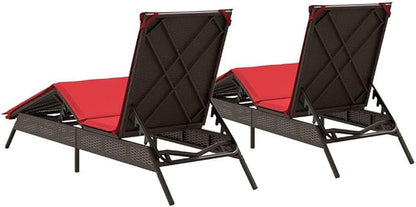 Set of 2 Outdoor Patio Sun Loungers, Adjustable PE Rattan Recliner with Cushions, Foldable Backrest for Poolside, Garden, Deck and Balcony