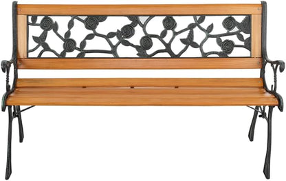 49 inch Outdoor Patio Garden Bench, Metal Park Bench, Cast Iron Bench and Hardwood Weather Resistant Rose Design 330lbs Capacity for Porch, Deck, Patio Seat Bronze Natural Finish