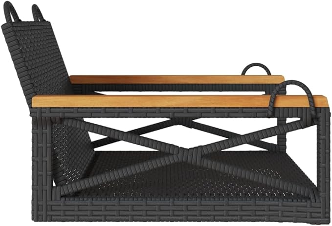 1-Seater Black PE Rattan Garden Chair Swing Bench 24.4x24.8x15.7 in Powder-Coated Steel Frame Solid Acacia Seat for - Photo 6