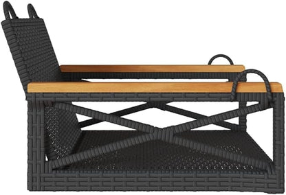 Modern 1-Seater Swing Chair Bench Black PE Rattan with Powder-Coated Steel Frame and Solid Acacia Wood for Outdoor Relaxation, Durable Weather-Resistant Patio Furniture