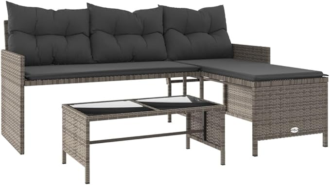 vidaXL Patio Garden Sofa Set L-Shaped Gray Poly Rattan with Table - Outdoor Seating with Washable Cushions for Deck, Terrace