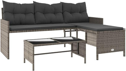 vidaXL Patio Garden Sofa Set L-Shaped Gray Poly Rattan with Table - Outdoor Seating with Washable Cushions for Deck, Terrace