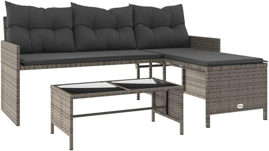 vidaXL Patio Garden Sofa Set L-Shaped Gray Poly Rattan with Table - Outdoor Seating with Washable Cushions for Deck, Terrace