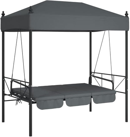 Outdoor Garden Swing Bench with Canopy and Cushions, 3-Seater Patio Swing Bed, Durable Powder-Coated Steel Frame, Dark Grey, 75 Inch Wide