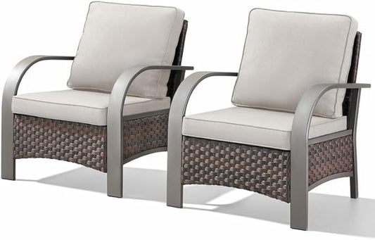 Belord Wicker Patio Chairs Set of 2-300LBS Weight Capacity Oversize Outdoor Patio Chairs with High Backrest Metal Curved Armrest, All Weather PE Rattan Outdoor Seating for Porch Deck Backyard