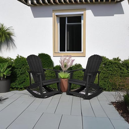 Flash Furniture Savannah Poly Resin Wood Adirondack Rocking Chair - All Weather Black Polystyrene - Stainless Steel Hardware - Set of 2