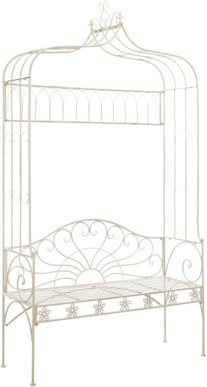 Wrought Iron Garden Bench 48-Inch Outdoor Seating for 2, Antique White Vintage Style Metal Park Bench for Patio, Backyard, and Garden Decor