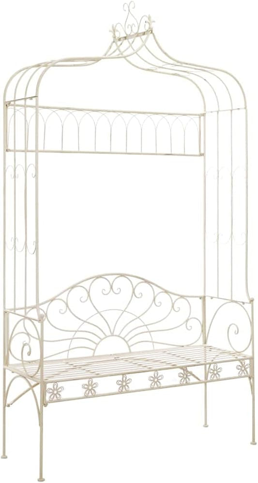 Antique White Wrought Iron Standard Garden Bench for Outdoor Patio, Comfortable Seating for Two, Durable Metal Furniture with Classic Finish, Perfect for Backyard and Garden