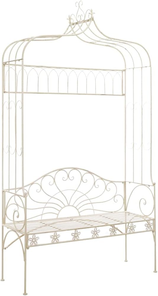 Garden Bench Antique White Wrought Iron Patio Bench Durable Construction for Garden and Patio