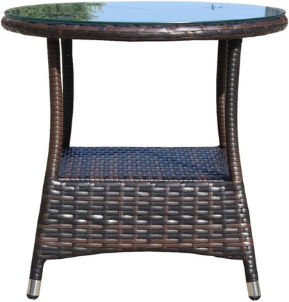 Outdoor Wicker Side Table with Glass Top, 21" Round Patio End Table, All-Weather PE Rattan Coffee Table for Garden, Balcony, Poolside, 120lbs Capacity, Easy Assembly