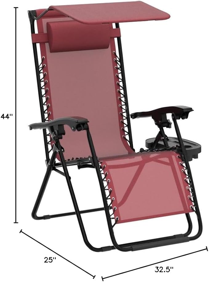 BTEXPERT Set of 2, Adjustable Steel Mesh Zero Gravity Lounge Chairs Case Outdoor Patio Recliner Beach Yard Garden with Pillow Sunshade Utility Tray Cup Holder (Red Burgundy with Canopy)