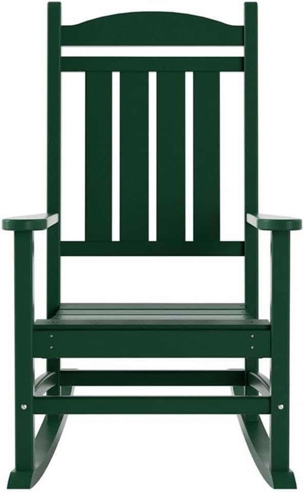 Costaelm Oversized Outdoor Rocking Chair, High Back Porch Rocker Chair, HDPE All Weather Resistant Outdoor Seating Furniture Wide Rocker Chair for Patio, Lawn, Garden, Dark Green