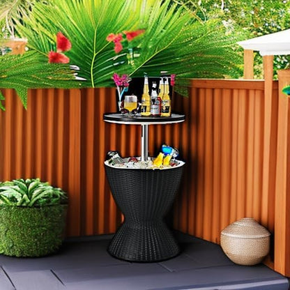 Giantex Outdoor Ice Cooler Side Table with Adjustable Height, 8 Gal Beverage Bucket with Drain Plug, Rattan Patio Bar Table for Poolside, Deck, BBQ & Backyard Parties