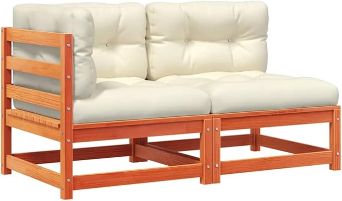 Rustic Loveseat for Outdoor Patio and Garden with Weather-Resistant Cushions and Solid Pine Wood Frame in Wax Brown and Cream
