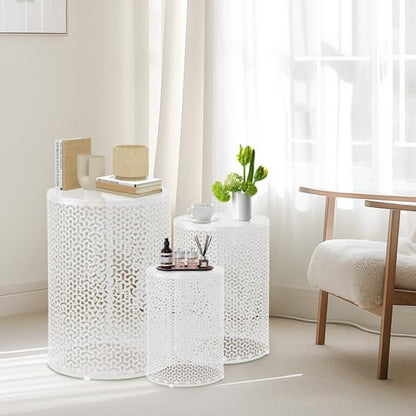 Outdoor Side Table Set of 3, Nesting Coffee End Tables Indoor, Lightweight Patio Furniture for Balcony, Garden,Coffee Table for Indoor, Plant Stand Outdoor,12", 14", 16" H (Matte White)