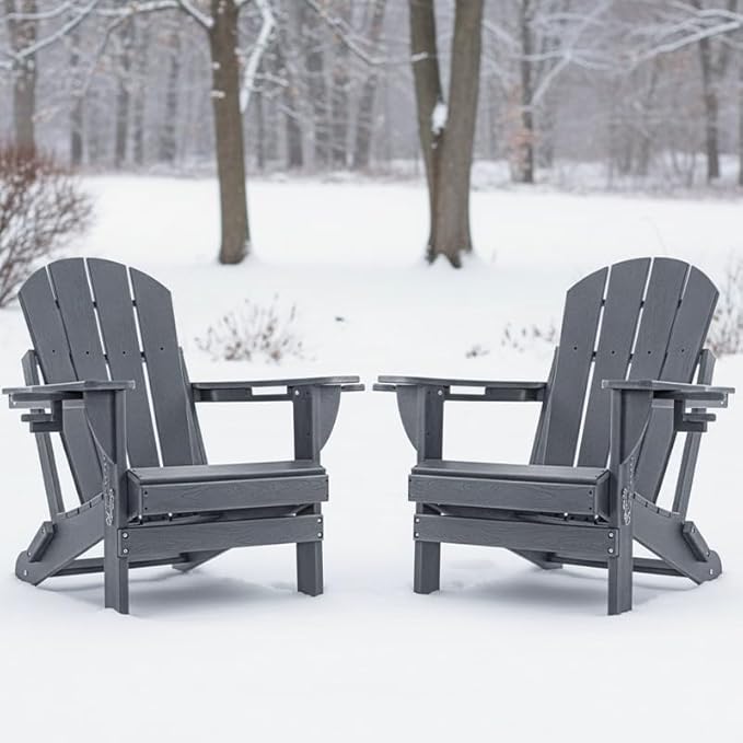 Folding Outdoor Adirondack Chairs Set of 2 with High&Reclining Back-HDPE Weather Resistant Patio Chairs with Cup and Phone Holder for Patio,Fire Pit, Garden and Backyard