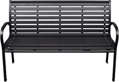BOWERY HILL Contemporary Steel Garden Bench, Matte Black Finish, 116 cm Wide, Rectangular Design, WPC and Steel Construction, Seats 2, Sleek Outdoor Furniture for Patio, Garden, or Balcony Use