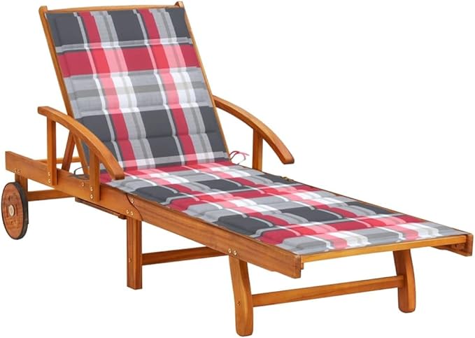 Red Outdoor Chaise Lounge 78.7 × 23.6 × 33.5 in Solid Acacia Wood Adjustable Backrest & Wheels Comfy Cushion for Patio - Photo 1