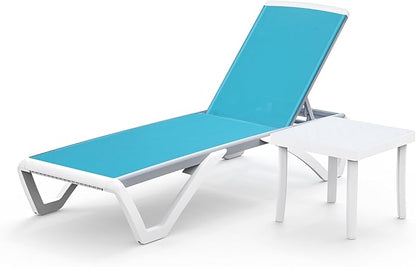 Domi Pool Lounge Chair Aluminum Adjustable Outdoor Chaise Lounge,All Weather Plastic Poolside Lounge Chair with Table for Deck Lawn Backyard, Aqua Textilene