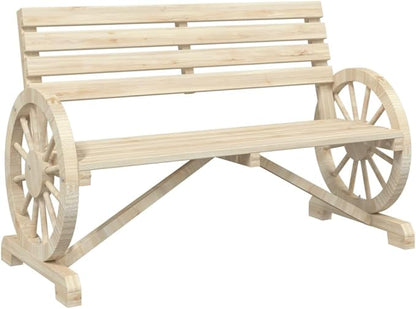 Solid Fir Wood Garden Bench with Wagon Wheel Armrests, 2-Seater Outdoor Patio Bench, Durable Moisture-Resistant Rustic Seating for Balcony Garden Patio