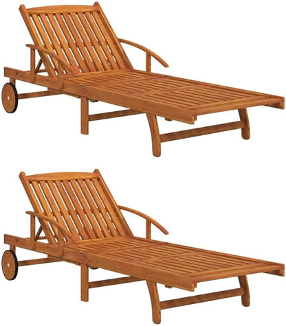 2-pc Acacia Sun Lounger Set, Adjustable Back/Footrest, Wheels, Brown