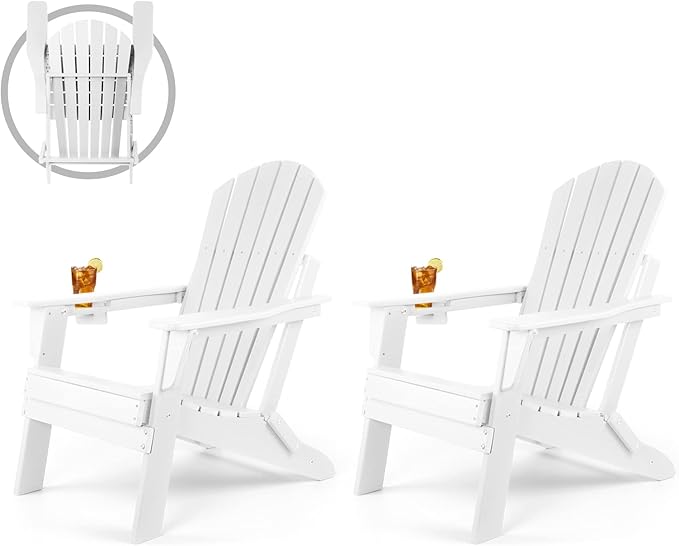 FUNBERRY Folding Adirondack Chair Set of 2, HDPE All Weather Fire Pit Chairs with Cup Holder for Outdoor