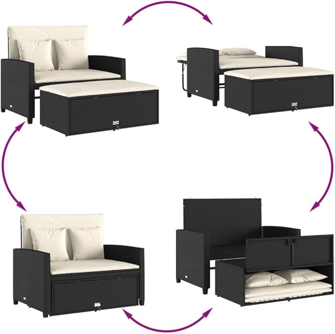 vidaXL Patio Sofa 2-Seater Garden Bench Storage Bed - PE Rattan, Black/Cream, UV-, Outdoor Lounge, 45.3"x29.5"x35.8"
