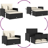 vidaXL Patio Sofa 2-Seater Garden Bench Storage Bed - PE Rattan, Black/Cream, UV-, Outdoor Lounge, 45.3"x29.5"x35.8" - Photo 5