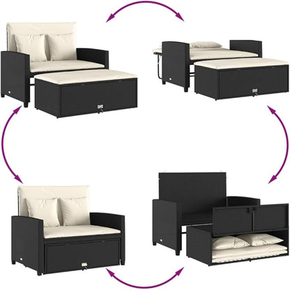 vidaXL Patio Sofa 2-Seater Garden Bench Storage Bed - PE Rattan, Black/Cream, UV-, Outdoor Lounge, 45.3"x29.5"x35.8"