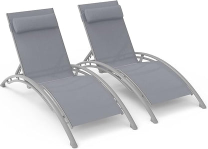 Domi Outdoor Chaise Lounge Set of 2 Patio Recliner Chairs with Adjustable Backrest and Removable Pillow for Indoor&Outdoor Beach Pool Sunbathing Lawn Gray