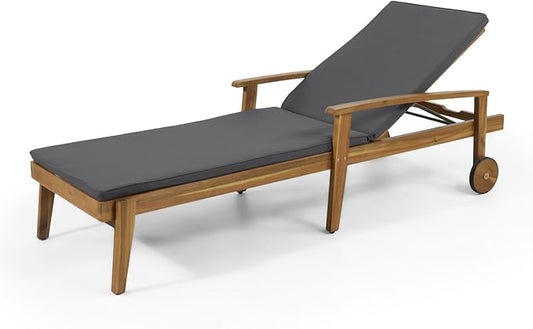 Outdoor Chaise Lounge Chair, Pool Lounge Chairs with Wheels, 5-Position Adjustable Backrest & Wood Frame, Patio Lounge Chair for Pool Poolside Sunbathing Backyard Beach (Grey)