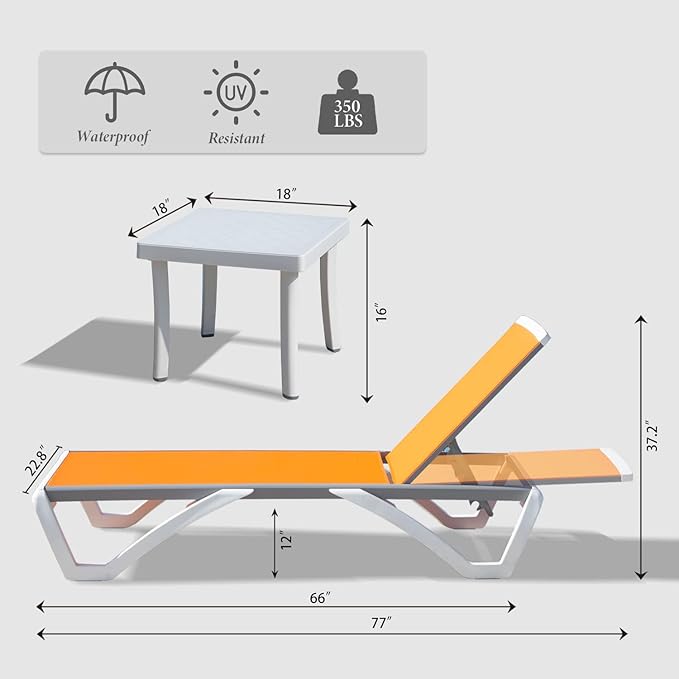 Domi Pool Lounge Chair Aluminum Adjustable Outdoor Chaise Lounge,All Weather Plastic Poolside Lounge Chair with Table for Deck Lawn Backyard, Orange Textilene