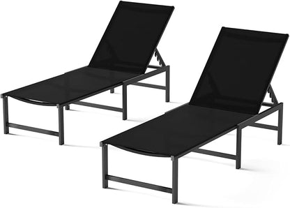 Chaise Lounge Chair Outdoor,Aluminum Patio Lounge Chairs Set of 2, Adjustable 5-Position Recliner and Full Flat Tanning Chair with Pillow for Pool, Outside,Beach,Black